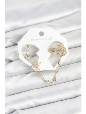Nuveden Ietaks™ Kutup Yıldızı Model Pirinç Gold Renk Zincir Bağlantılı Ear Cuff Küpe Seti