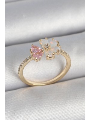Nuveden Ietaks™ Pirinç Gold Renk Beyaz Mineli Pembe Zirkon Taşlı Çiçek Model Kadın Yüzük