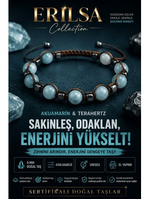 Erilsa Sertifikalı Akuamarin Terahertz Doğal Taş Bileklik Ayarlanabilir Unisex - Sakinlik Odaklanma Enerji
