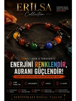 Erilsa Sertifikalı Renkli Akik Terahertz Doğal Taş Bileklik Ayarlanabilir Unisex - Enerjini Renklendir