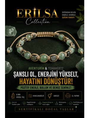 Erilsa Sertifikalı Aventurin Terahertz Doğal Taş Bileklik Ayarlanabilir Unisex El Yapımı - Şans Bolluk