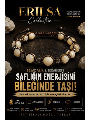 Erilsa Sertifikalı Beyaz Akik Terahertz Doğal Taş Bileklik - Ayarlanabilir Unisex Saflığın Enerjisi