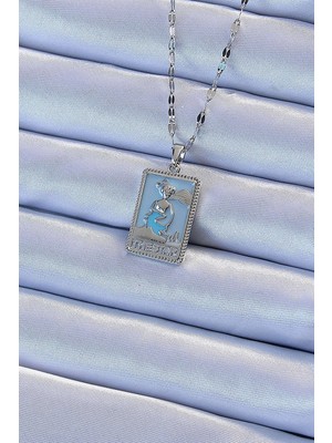 Nuveden Ietaks™ 316L Çelik Zincir Gümüş Renk Mavi Mineli Tarot Kolye