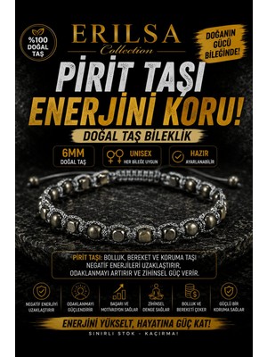 Erilsa Sertifikalı Pirit Taşı Doğal Taş Bileklik 6 mm Ayarlanabilir Unisex Premium Model - Enerjini Koru