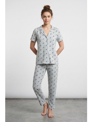 FullaModa Yaprak ve Çizgi Desenli Gömlek Yaka Düğmeli Pijama Takımı