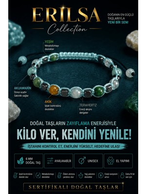 Erilsa Sertifikalı Akuamarin Yeşim Akik Terahertz Doğal Taş Bileklik - Ayarlanabilir - Zayıflama Bilekliği