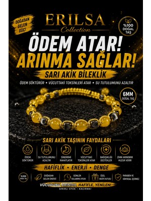Erilsa Sertifikalı Sarı Akik Doğal Taş Bileklik 6 mm Ayarlanabilir Unisex Premium - Ödem Atıcı Arınma