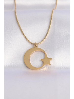 Nuveden Ietaks™ 316L Çelik Zincir Gold Renk Ay Yıldız Unisex Kolye