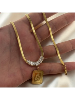 Lorivelle Kadın Paslanmaz Çelik Gold Renk Baget Taşlı Gül Madalyon Italyan Ezme Zincir Kolye ve Bileklik Seti