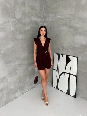 Marsilyan Kadın Kruvaze Drapeli Tokalı Mini Elbise Şık Gece Davet Abiye - Kahverengi