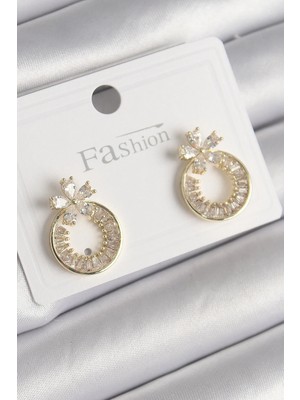 Nuveden Ietaks™ Pirinç Gold Renk Zirkon Taşlı Halka Model Çiçek Figür Kadın Küpe