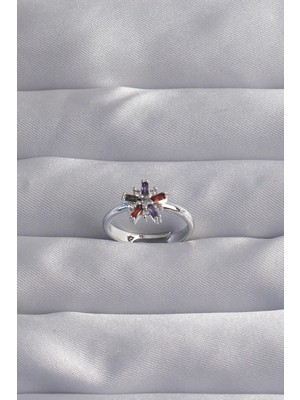 Nuveden Ietaks™ Pirinç Gümüş Renk Renkli Zirkon Taşlı Ayarlamalı Yüzük