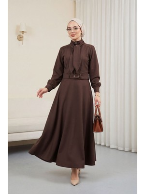 Moda Morfo Gizli Düğmeli Fular Detaylı Etekli Diagonal Takım   -Kahve