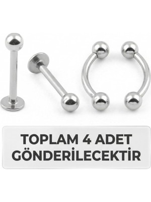 Lorivelle 4'lü Kararmaz Çelik Labret Halka Piercing Seti Septum Tragus Helix Dudak Burun Daith Kıkırdak Küpe