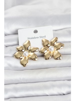 Nuveden 316L Çelik Gold Renk Incili Lotus Model Kadın Küpe
