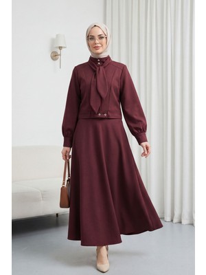 Moda Morfo Gizli Düğmeli Fular Detaylı Etekli Diagonal Takım   -Bordo