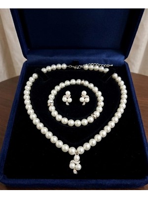 twingold Göz Alıcı Inci 3'lü Kolye Bileklik Küpe Seti