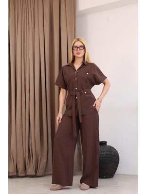 Famoda Taba Kısa Kollu Beli Bağlamalı Tunik Pantolon Takımı