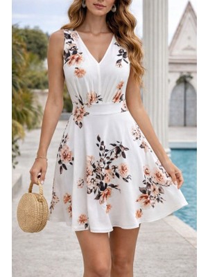 Serac Collection Kadın Askılı V Yakalı Çiçek Desenli Kısa Süprem Elbise