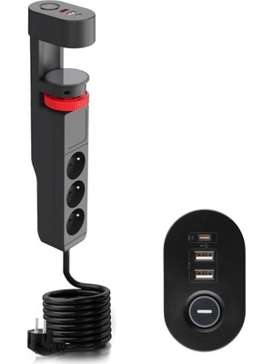 Skygo Akım Korumalı Priz Masa Kenarı Ayarlanabilir 3 Priz + 2 USB + 1 Type C Girişli Priz