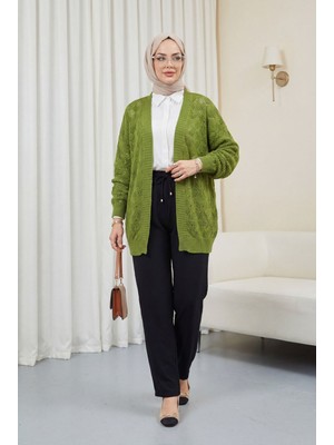 Moda Morfo Desenli Araboy Örme Triko Hırka   -Haki