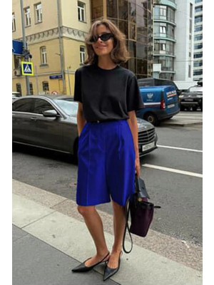 Madmext Saks Pileli Kadın Bermuda Şort MG2483