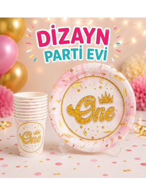 Dizayn Parti Evi One Temalı 8 Kişilik Doğum Günü Parti Sofra Seti Pembe Gold Karton Tabak Bardak Seti