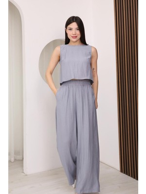 Famoda Gri Sırtı Çapraz Bağcıklı Crop Bluz & Yüksek Bel Palazzo Pantolon Alt Üst Takım