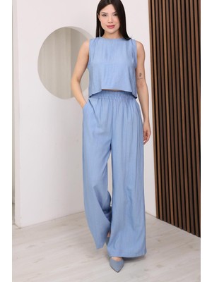 Famoda Mavi Sırtı Çapraz Bağcıklı Crop Bluz & Yüksek Bel Palazzo Pantolon Alt Üst Takım