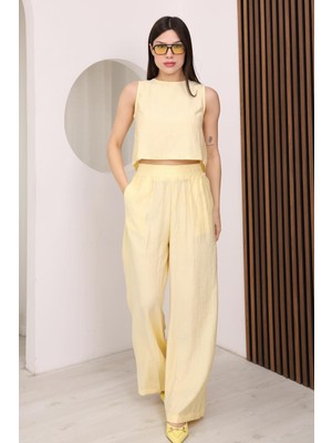 Famoda Sarı Sırtı Çapraz Bağcıklı Crop Bluz & Yüksek Bel Palazzo Pantolon Alt Üst Takım
