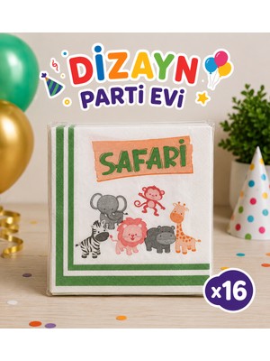 Dizayn Parti Evi Safari Temalı Parti Peçetesi 16 Adet Safari Doğum Günü Peçetesi Hayvan Figürlü