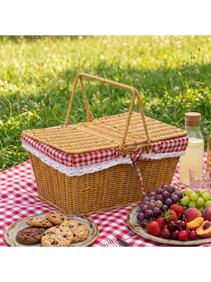 Porsima Vintage Hasır Görünümlü Piknik Sepeti Ahşap Malzeme ile Çift Kapaklı 38 cm Boyutunda