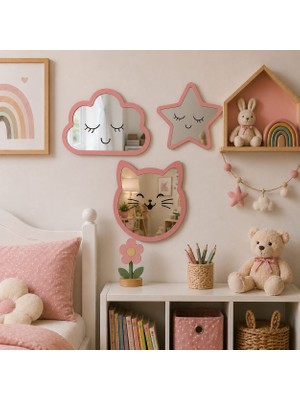 Bulut Yıldız Kedi Mdf Pleksi Ayna Çocuk Odası Süsleri 3 Lü Set