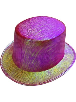 sbodurhome Fuşya Renk Işıltılı Hologram Kumaş Kaplama Fötr Silindir Şapka Yetişkin Boy