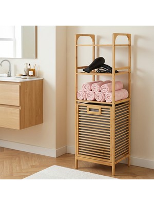 Porsima 120 cm Doğal Bambu Banyo Düzenleyici Raf - Katlanabilir Kirli Sepetli Çok Amaçlı Banyo Dolabı