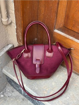 Kadın Bordo Süet Deri Detaylı Şık El ve Omuz Çantası Günlük Kullanım