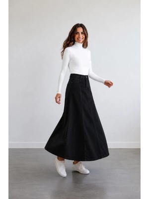 Vellichor Parçalı Uzun Denim Etek - Siyah