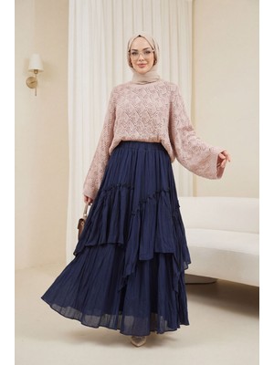 Moda Morfo Yuvarlak Yaka Yarasa Kol Ajurlu Triko Kazak -Pudra