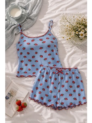 Koza İç Giyim Kadın Ip Askılı Çilek Desenli Pamuklu Şortlu Pijama Takımı
