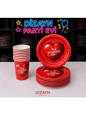 Dizayn Parti Evi Seni Seviyorum Temalı 8 Kişilik Karton Tabak Bardak Seti Kırmızı Kalpli Parti Sofra Seti