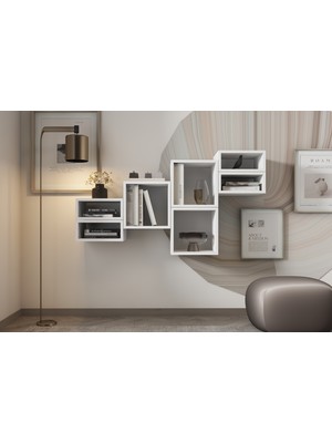 Nettrends Modern Geometrik 6 Bölmeli Duvar Rafı - Beyaz Puzzle Kitaplık Ünitesi PNR-DVR-1042