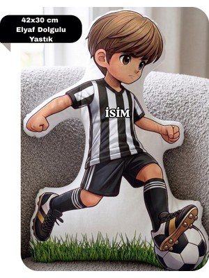 Caisya Taraftar Yastık Siyah Beyaz Formalı Futbolcu Figür Isimli Yastık Çift Yön Baskılı Yastık 42X30CM