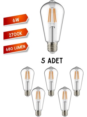 Kendal Elektrik K2 KES505 LED Filament Ampul 6W E27 Duy Günışığı - 5’li Paket