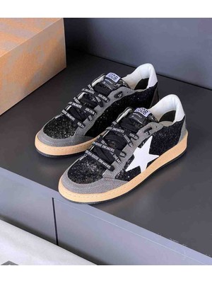 Golden Goose Ggdb Kadın Siyah Simli ve Gri Süet Detaylı Yıldızlı Sneaker Ayakkabı