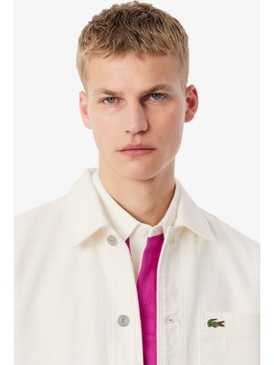 Lacoste Men's Oversized Fit Cream Shirt Bol Kesim Erkek Denim Gömlek Krem