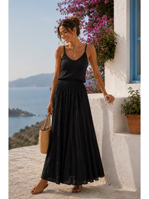 Dream Style Kadın Vual Kumaş Kırışık Beli Lastikli Uzun Astarlı Etek