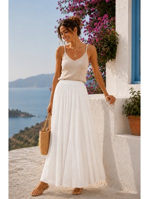 Dream Style Kadın Vual Kumaş Kırışık Beli Lastikli Uzun Astarlı Etek