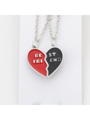 Zuum 2 Li Kırmızı , Siyah Kalp Model Best Friends Yazılı Gümüş Renk Zincir Kolye , Arkadaşlık Kolyesi , Best Friends