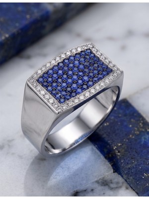 İryum 0.40 Karat Pırlanta 1.10 ct Safir 18 Ayar Altın Erkek Yüzüğü