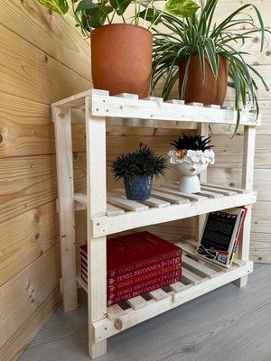 Nest Woodtr Doğal Ham Ahşap Üç Bölmeli Ayakkabılık Çok Amaçlı Raf Çiçek Standı Sehpa 80X60X25CM 1ADET